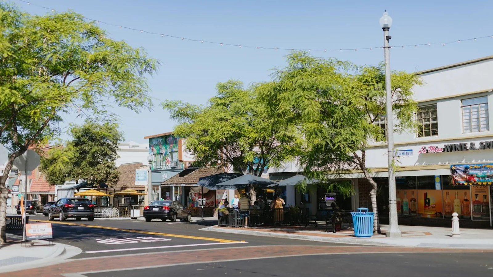 Tree-lined streets and homes in La Mesa, California.